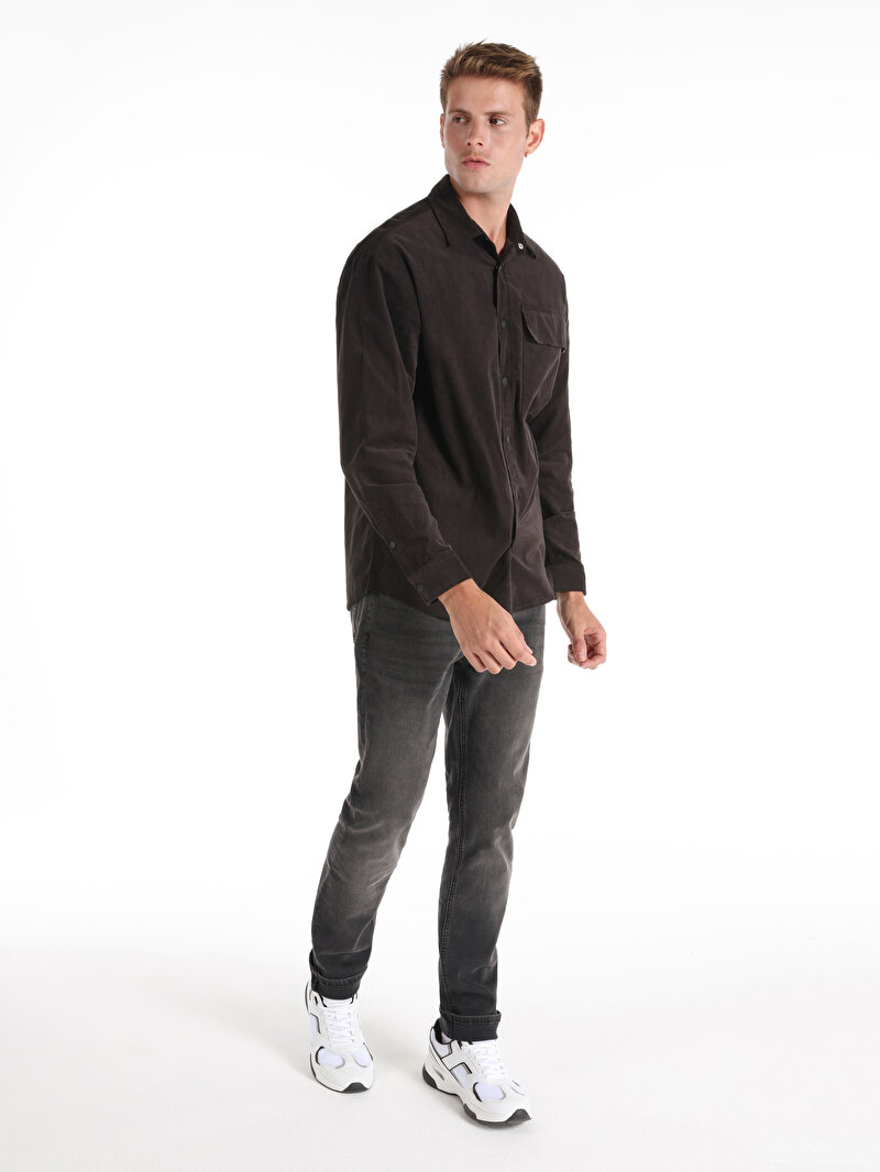 Comfort Fit Shirt Neck Düz Erkek Antrasit Uzun Kol Gömlek