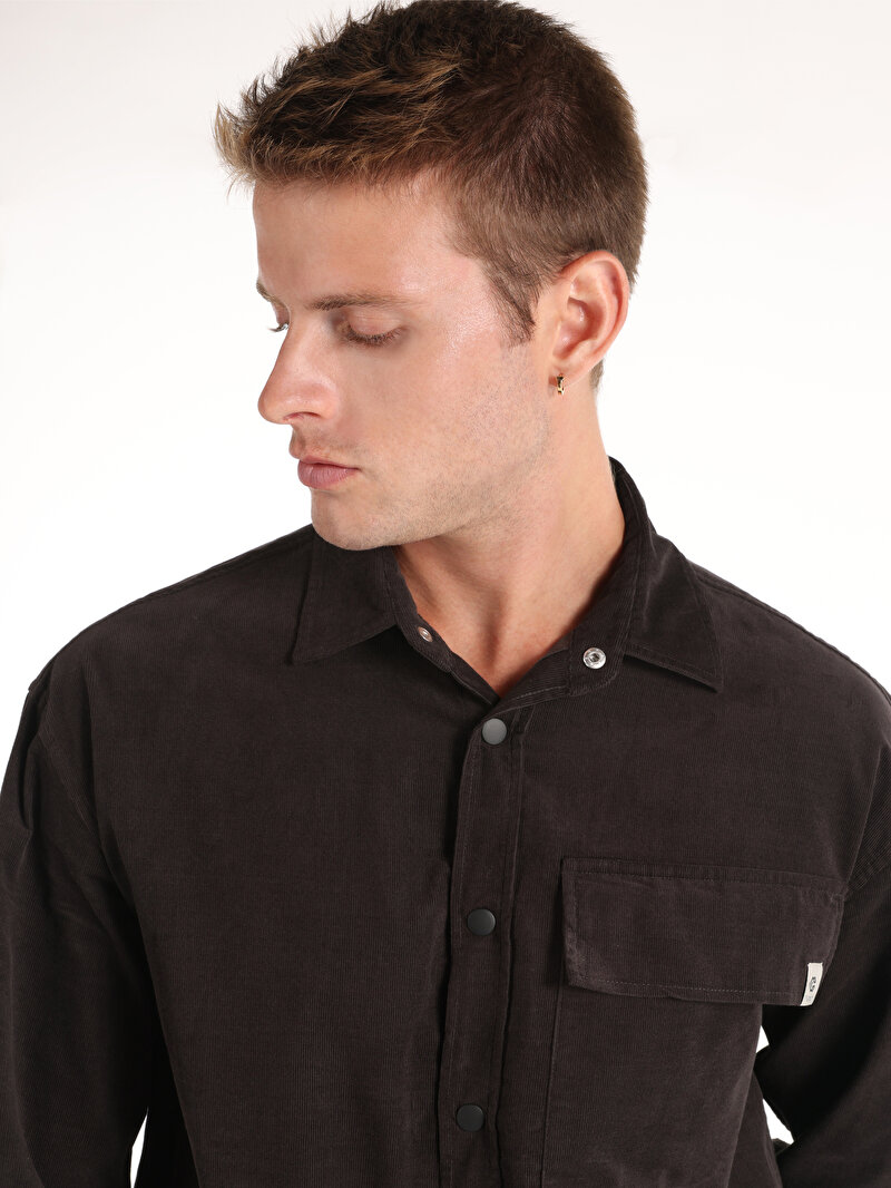 Comfort Fit Shirt Neck Düz Erkek Antrasit Uzun Kol Gömlek