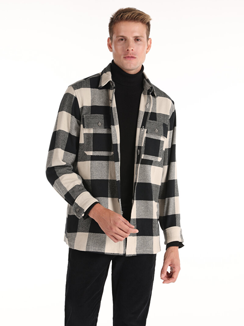 Comfort Fit Shirt Neck Kareli Erkek Siyah Uzun Kol Gömlek