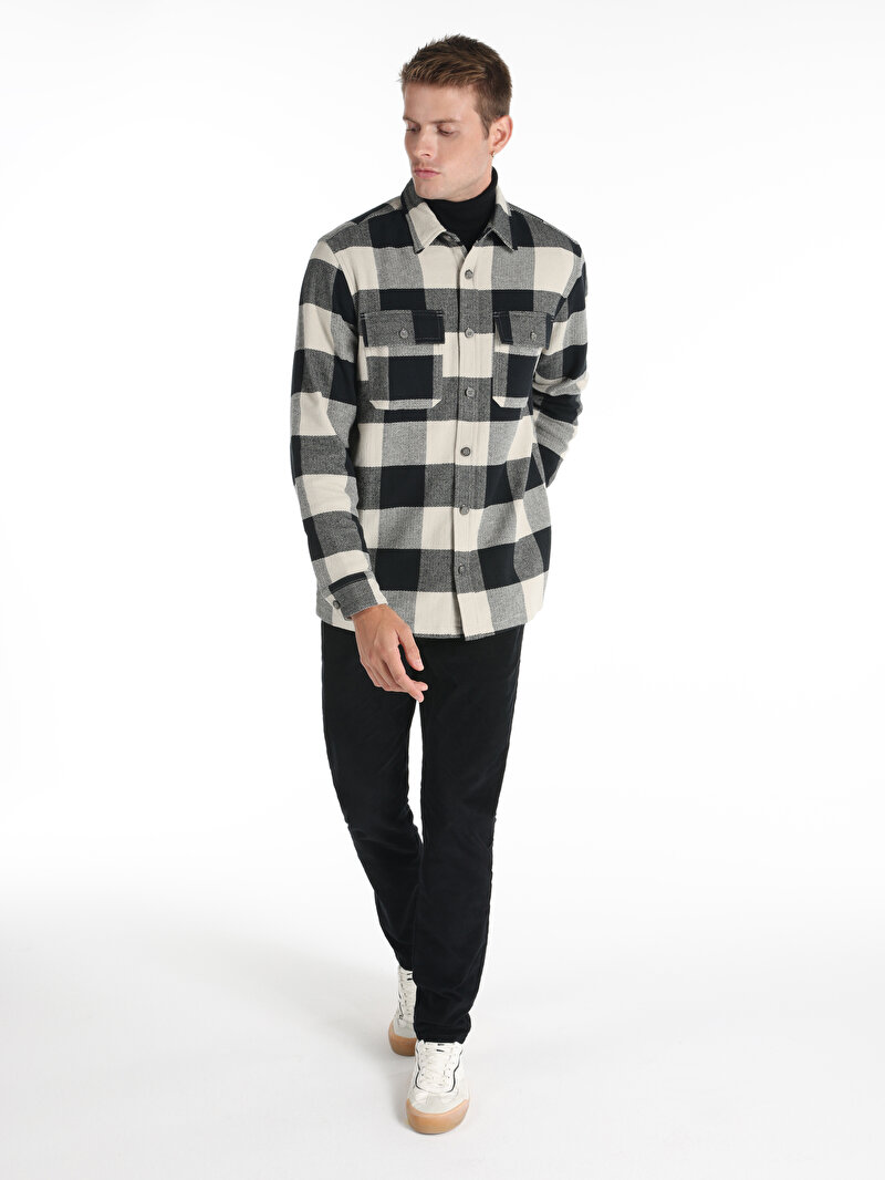 Comfort Fit Shirt Neck Kareli Erkek Siyah Uzun Kol Gömlek