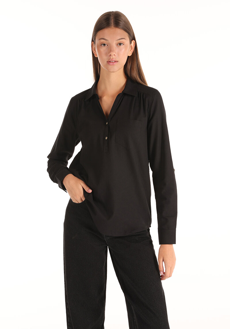 Regular Fit Shirt Neck Cepli Düz Kadın Siyah Roll-up Gömlek