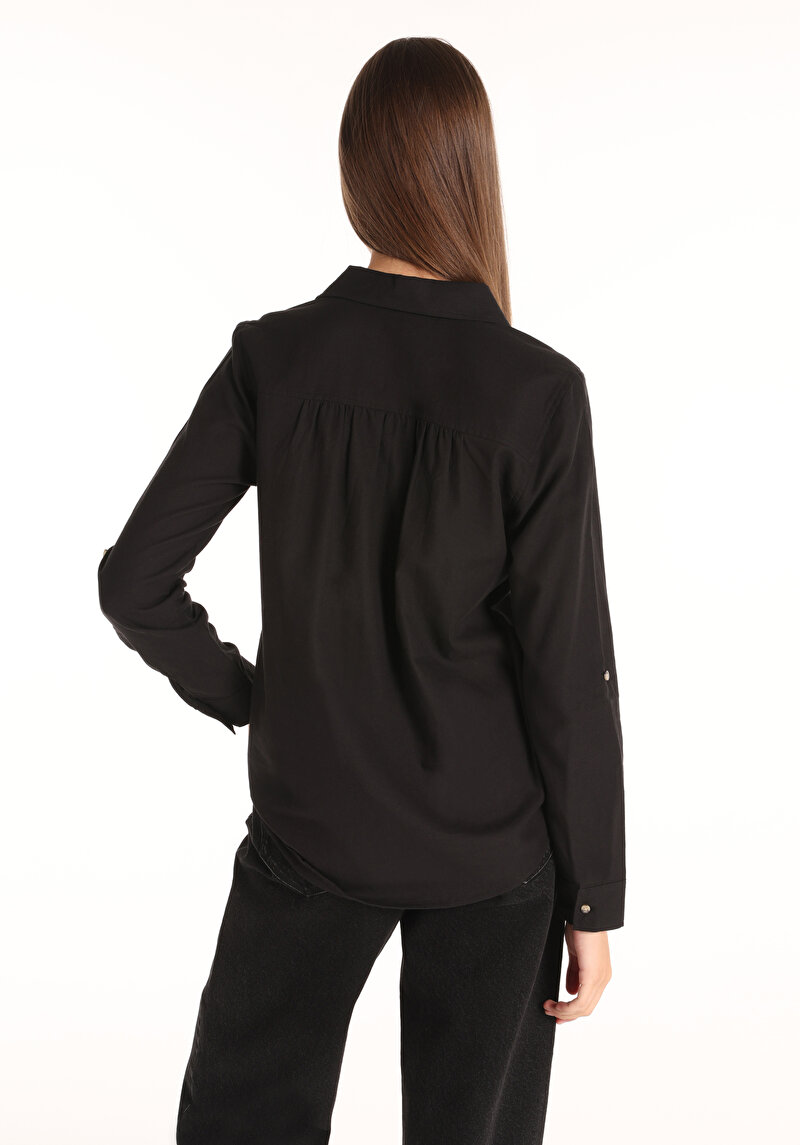 Regular Fit Shirt Neck Cepli Düz Kadın Siyah Roll-up Gömlek