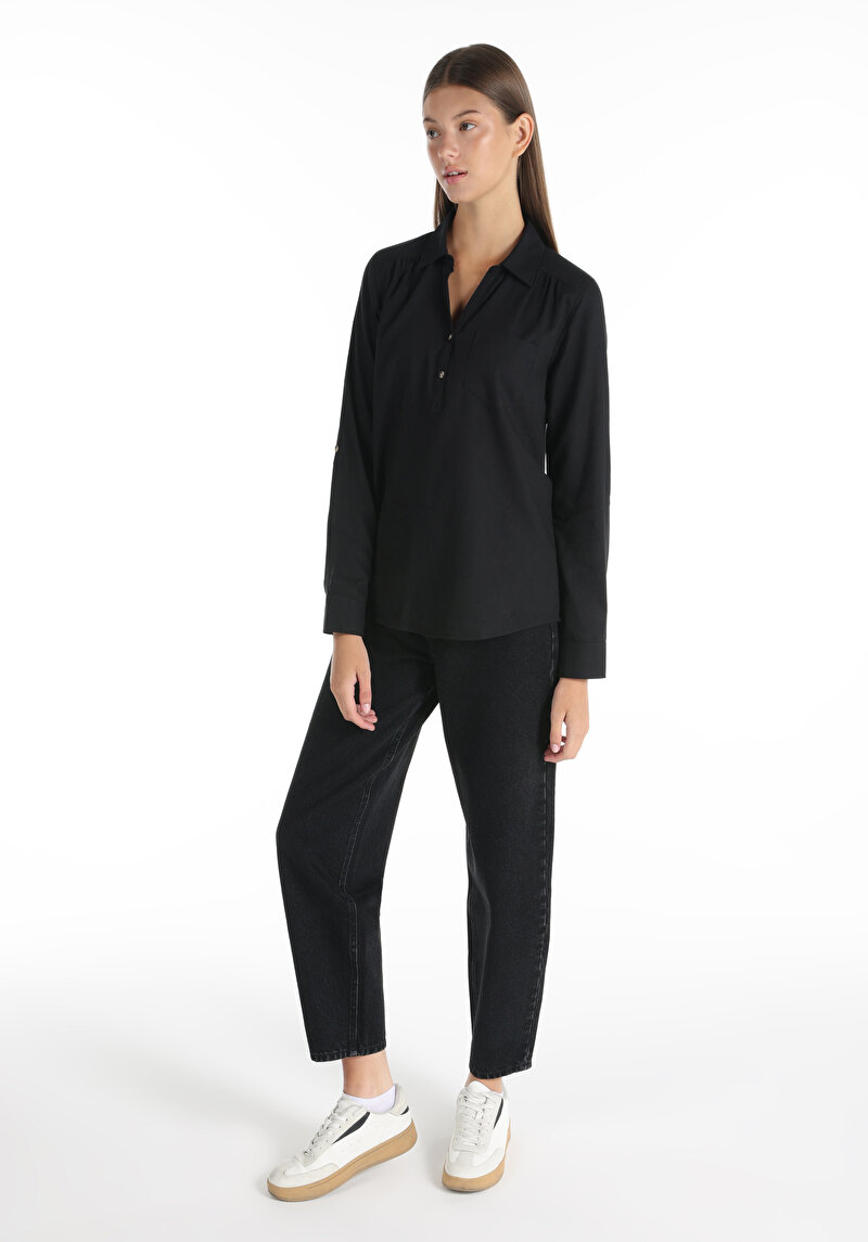Regular Fit Shirt Neck Cepli Düz Kadın Siyah Roll-up Gömlek