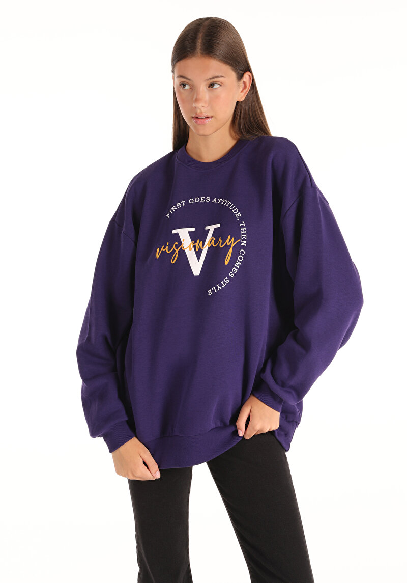 Comfort Fit Yuvarlak Yaka Baskılı Kadın Mor Sweatshirt