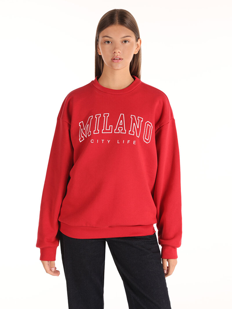 Comfort Fit Yuvarlak Yaka Baskılı Kadın Kirmizi Sweatshirt