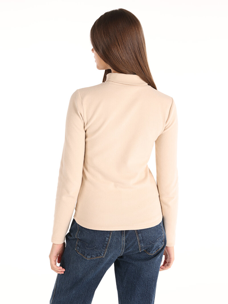 Slim Fit Balıkçı Yaka Düz Kadın Bej Uzun Kol Tişört