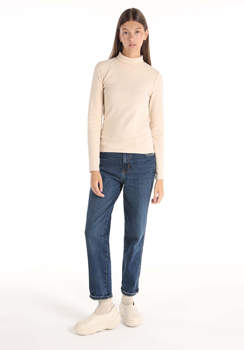 Slim Fit Balıkçı Yaka Düz Kadın Bej Uzun Kol Tişört