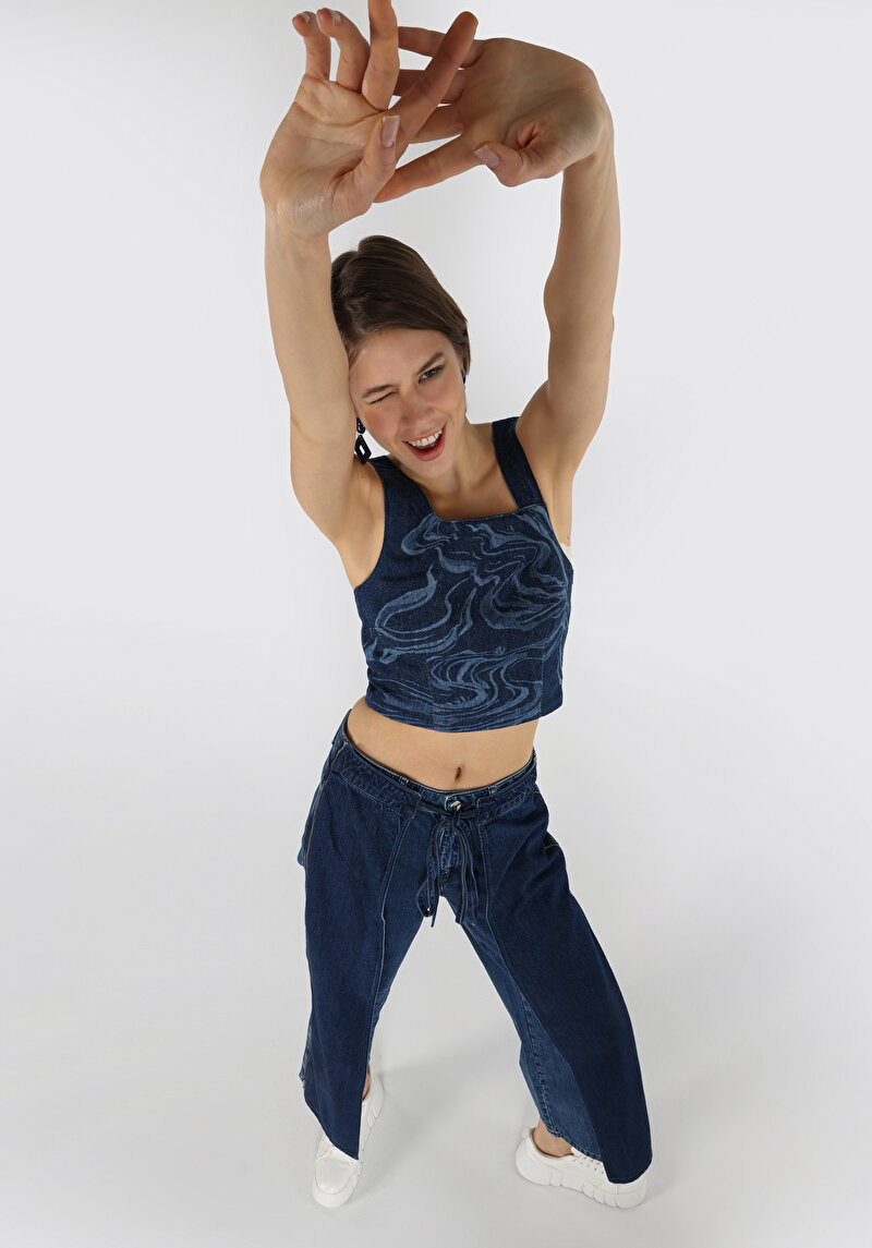 Slim Fit Kare Yaka Kadın Mavi Kolsuz Gömlek