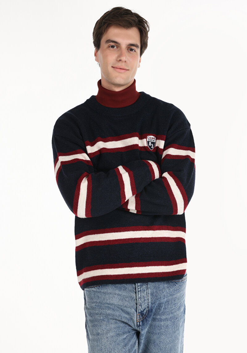 Regular Fit Yuvarlak Yaka Baskılı Erkek Lacivert Kazak