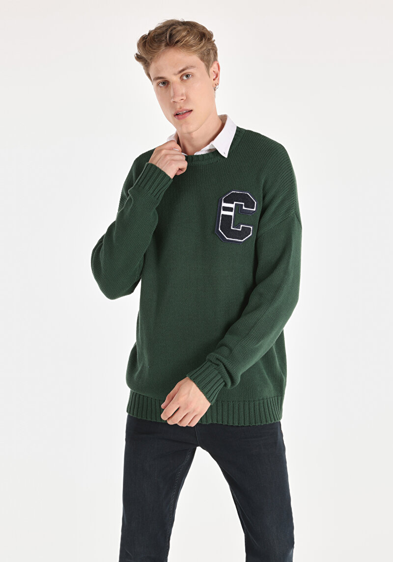 Comfort Fit Yuvarlak Yaka Jakarlı Erkek Yeşil Kazak