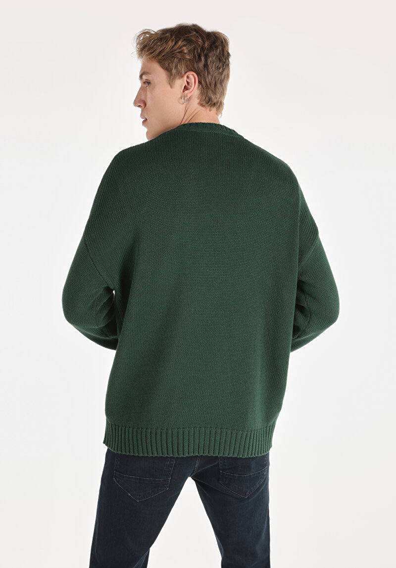 Comfort Fit Yuvarlak Yaka Jakarlı Erkek Yeşil Kazak