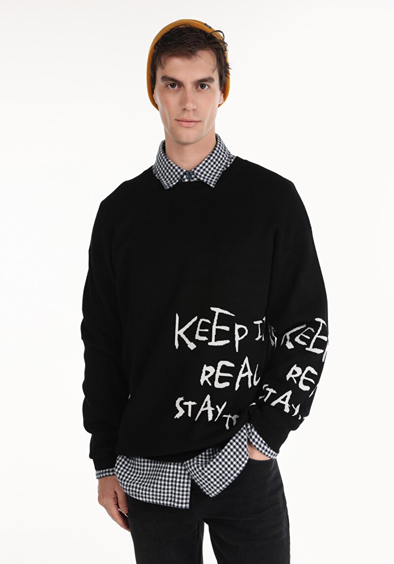 Comfort Fit Yuvarlak Yaka Düz Erkek Siyah Kazak