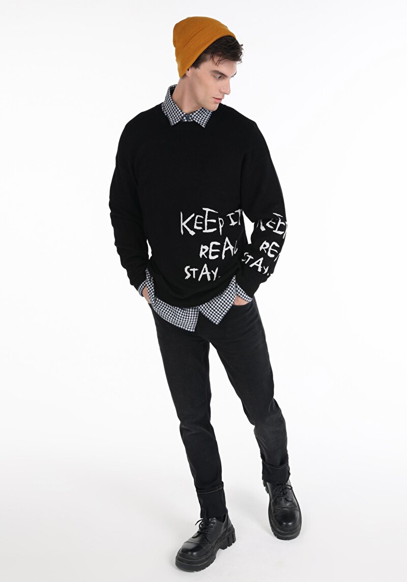 Comfort Fit Yuvarlak Yaka Düz Erkek Siyah Kazak