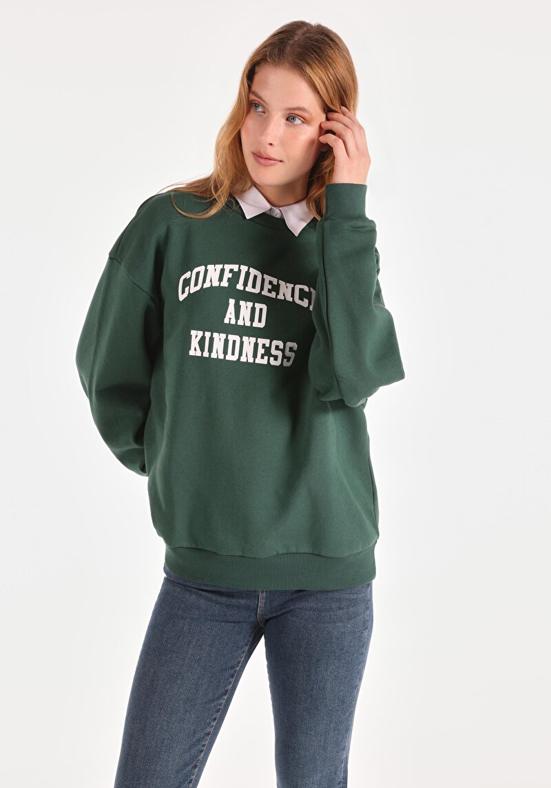 Comfort Fit Yuvarlak Yaka Baskılı Kadın Yeşil Sweatshirt