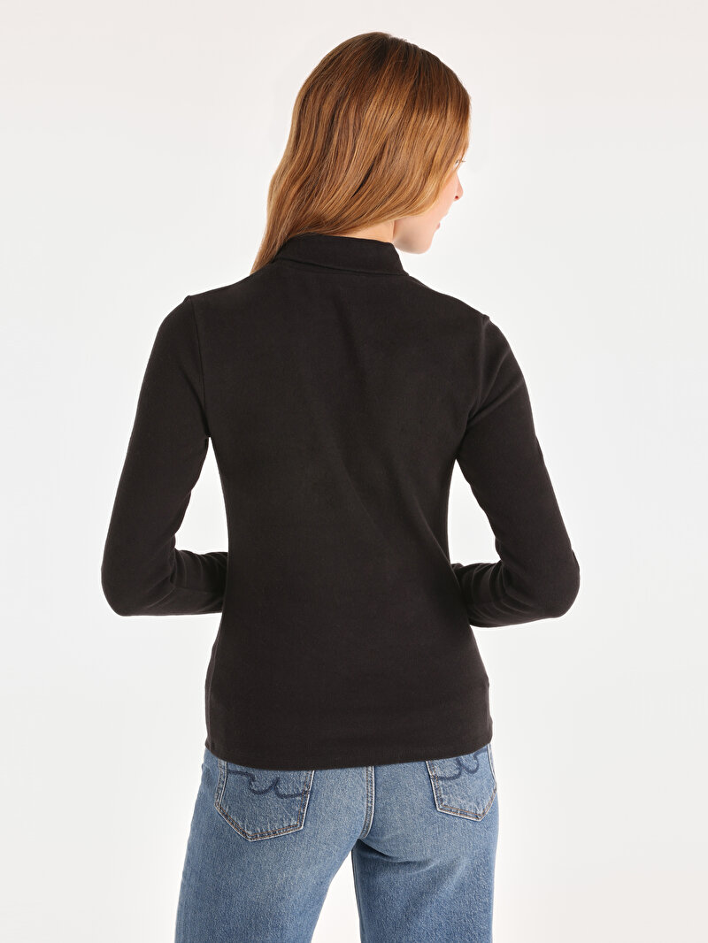 Slim Fit Balıkçı Yaka Düz Kadın Siyah Uzun Kol Tişört