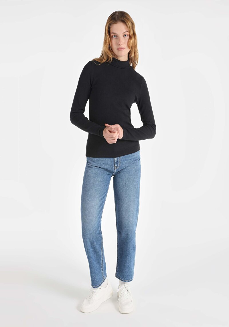 Slim Fit Balıkçı Yaka Düz Kadın Siyah Uzun Kol Tişört