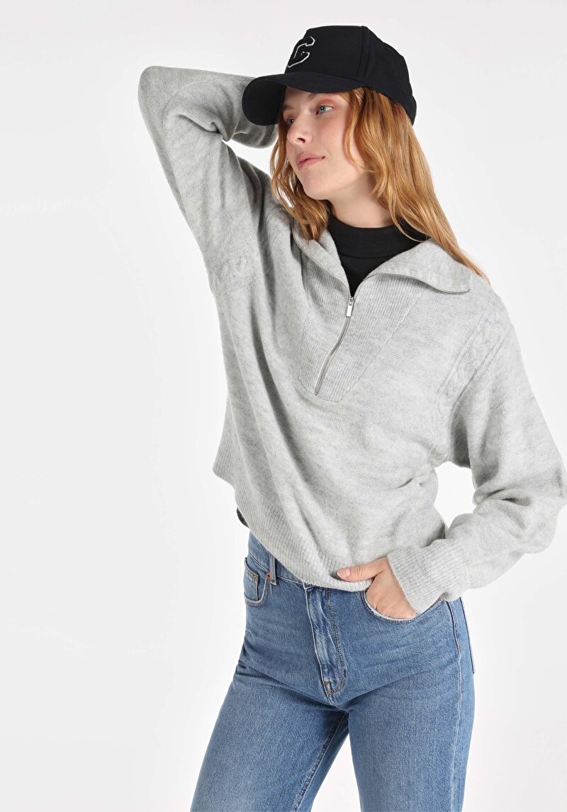 Regular Fit Fermuarlı Düz Kadın Gri Kazak