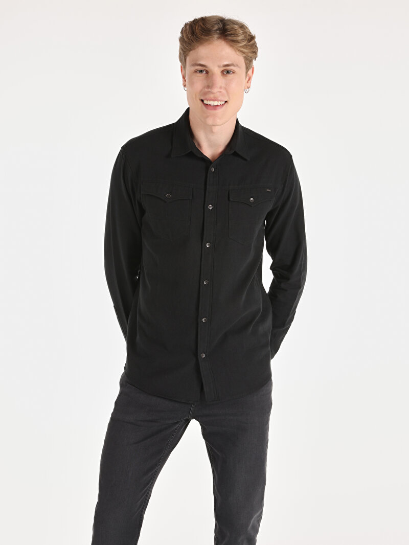 Regular Fit Shirt Neck Düz Erkek Siyah Uzun Kol Gömlek