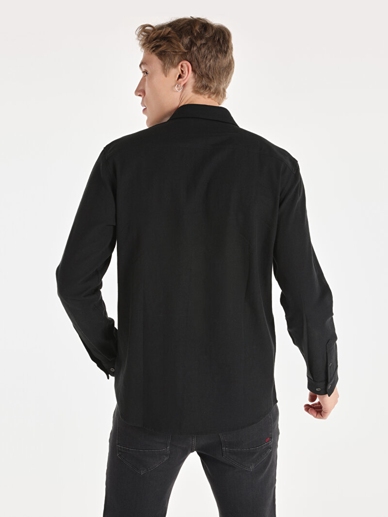 Regular Fit Shirt Neck Düz Erkek Siyah Uzun Kol Gömlek