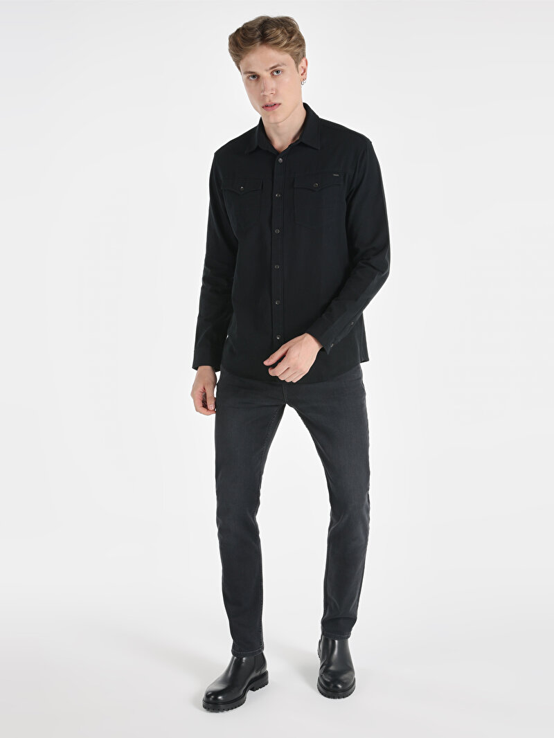 Regular Fit Shirt Neck Düz Erkek Siyah Uzun Kol Gömlek