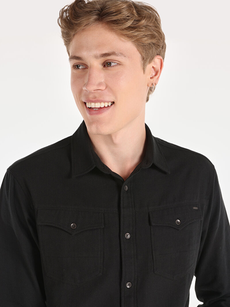 Regular Fit Shirt Neck Düz Erkek Siyah Uzun Kol Gömlek
