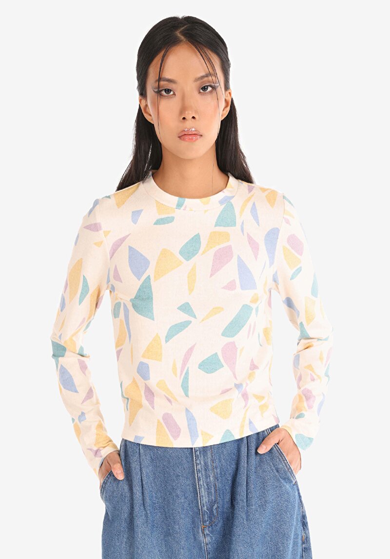 Slim Fit Yuvarlak Yaka Baskılı Kadın Çok Renkli Uzun Kol Tişört