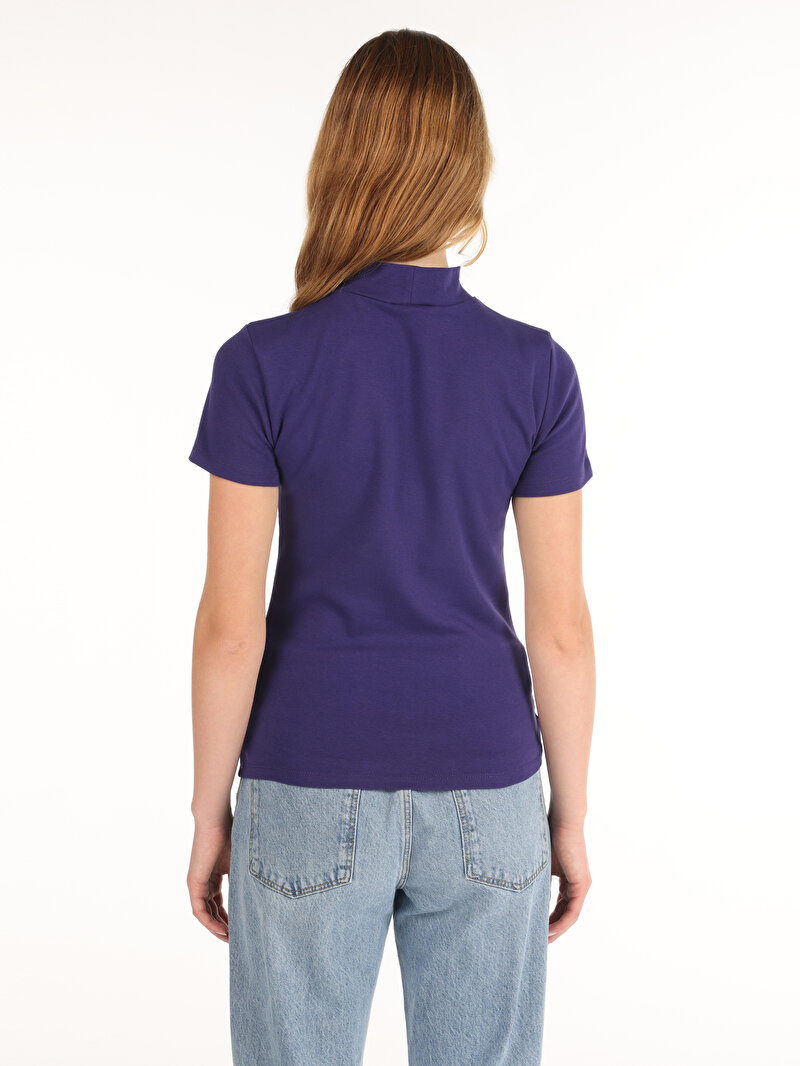 Slim Fit Yarım Balıkçı Yaka Kadın Mor Kısa Kol Tişört