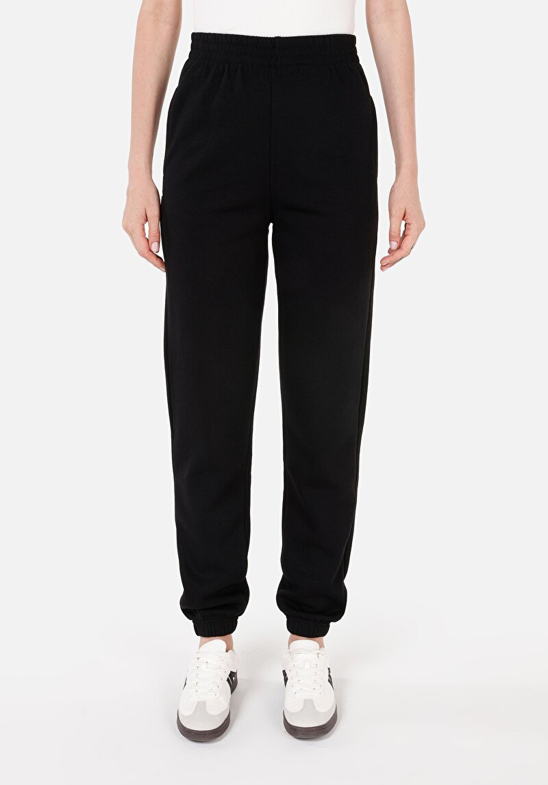 Regular Fit Orta Bel Düz Kadın Siyah Eşofman Altı