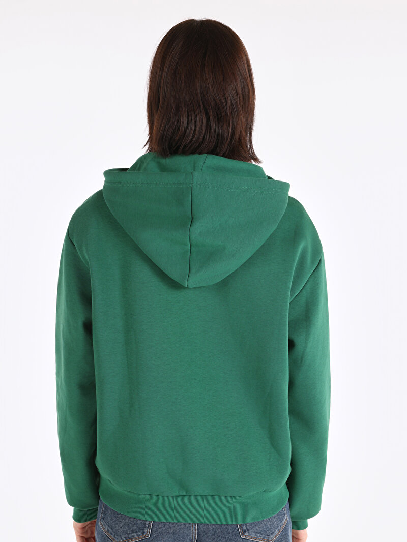 Regular Fit Kapüşonlu Kanguru Cepli Düz Kadın Yeşil Sweatshirt