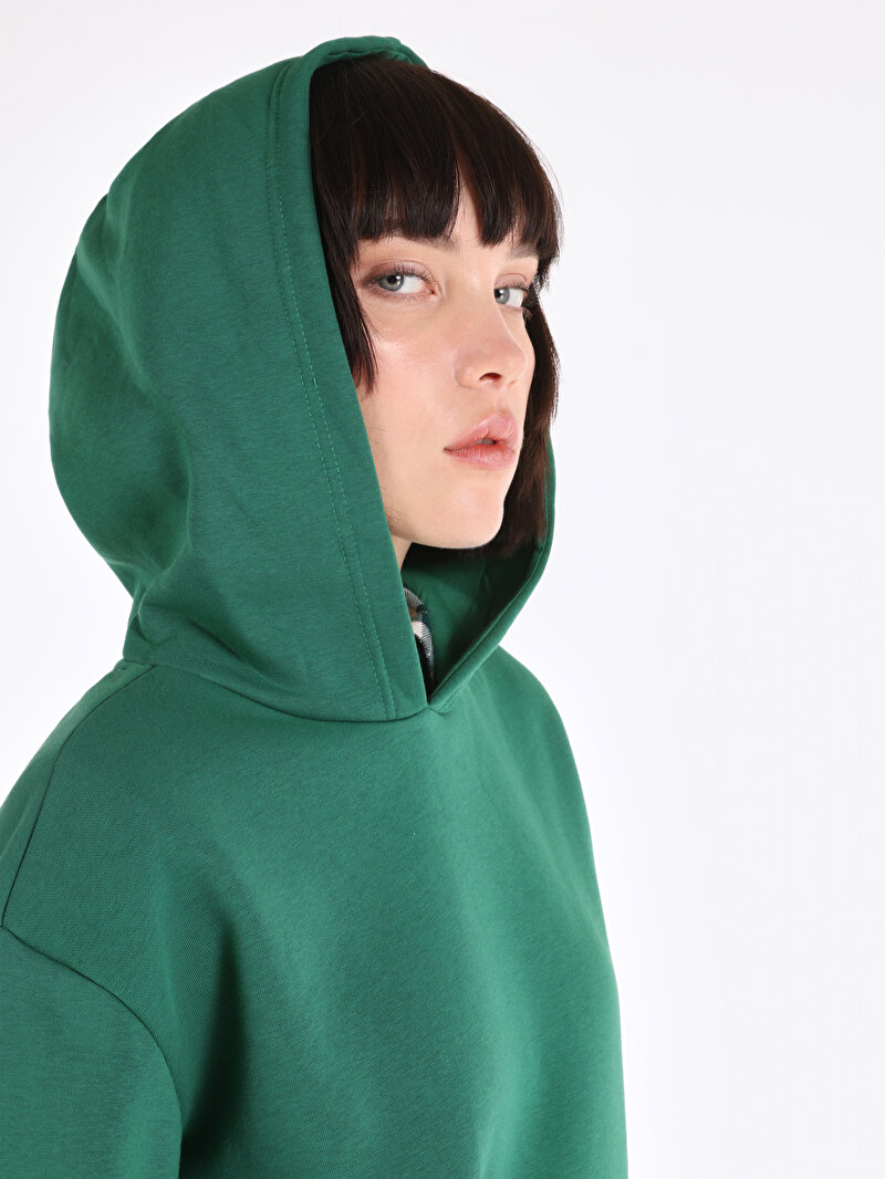 Regular Fit Kapüşonlu Düz Kadın Yeşil Sweatshirt