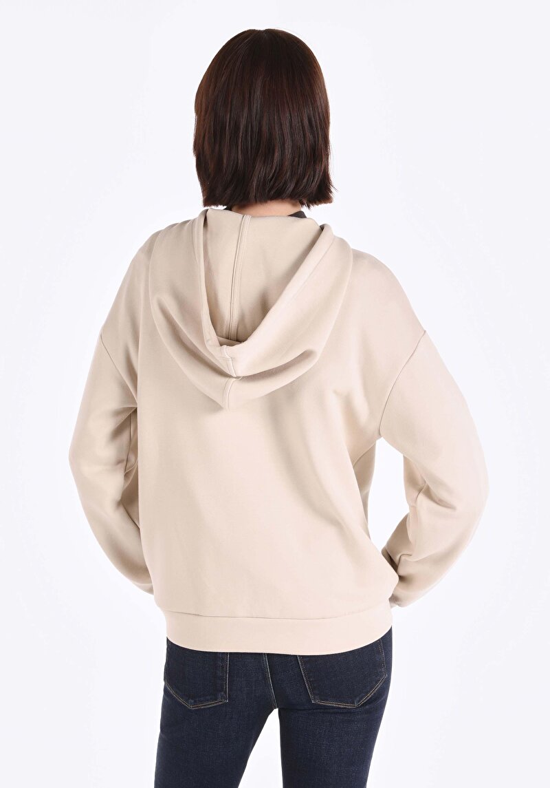 Regular Fit Kapüşonlu Baskılı Kadın Bej Sweatshirt