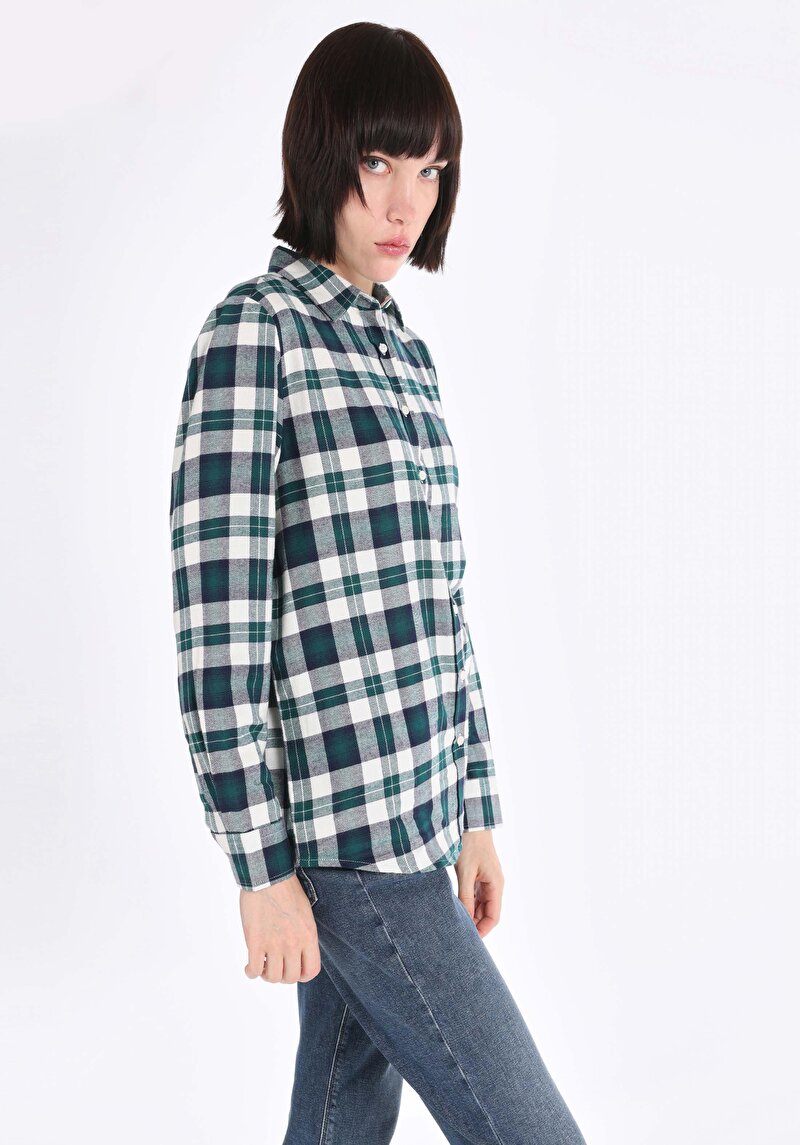 Regular Fit Cepsiz Shirt Neck Ekoseli Kadın Yeşil Uzun Kol Gömlek