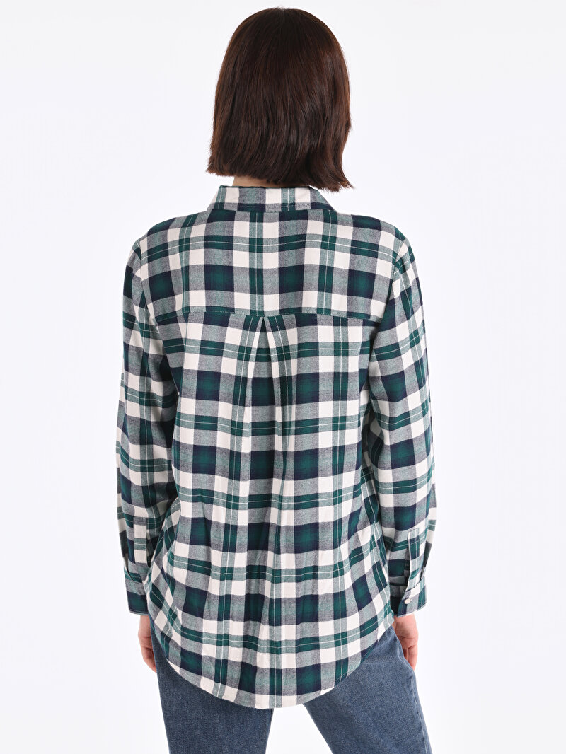 Regular Fit Cepsiz Shirt Neck Ekoseli Kadın Yeşil Uzun Kol Gömlek