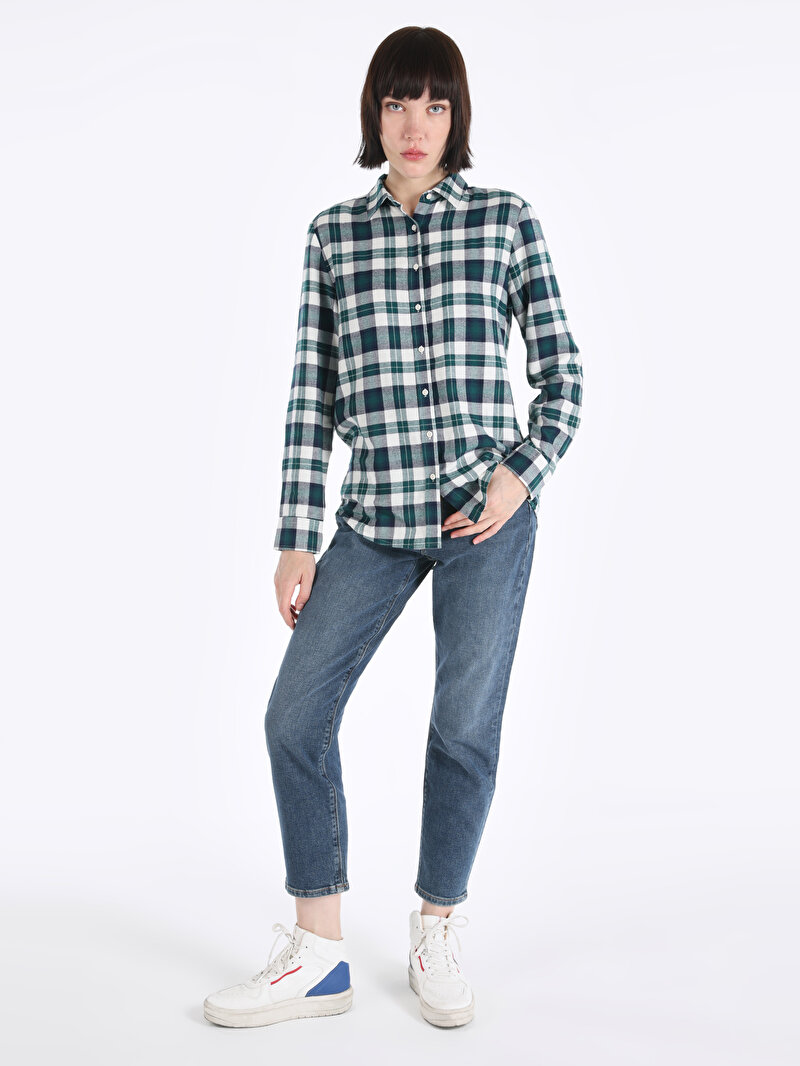 Regular Fit Cepsiz Shirt Neck Ekoseli Kadın Yeşil Uzun Kol Gömlek