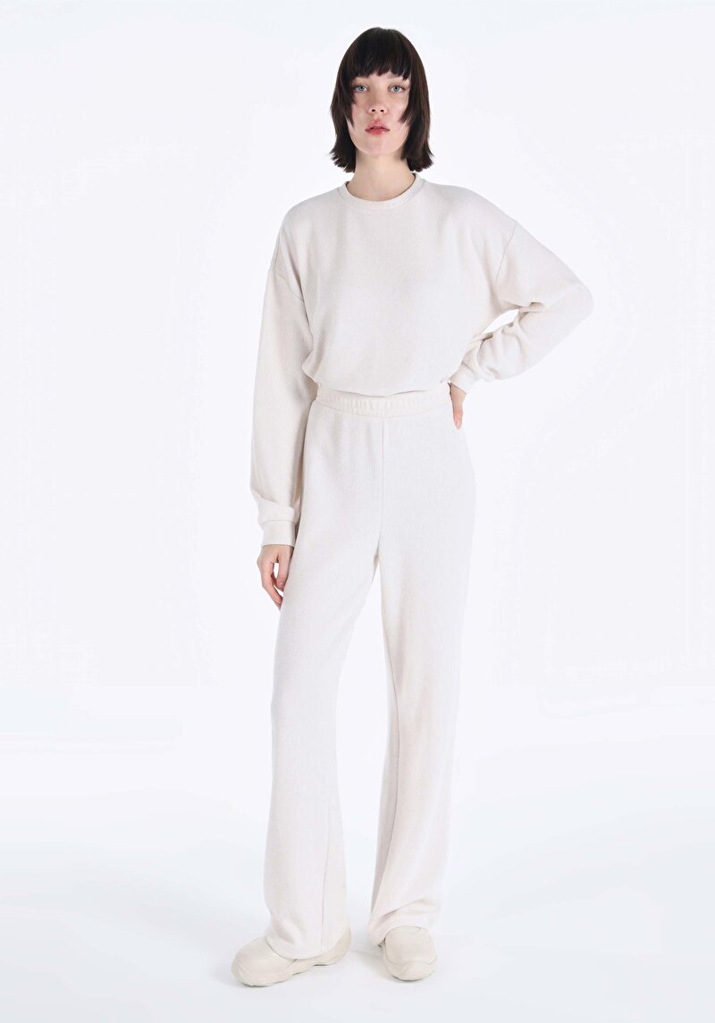 Regular Fit Orta Bel Düz Cepsiz Kadın Ekru Eşofman Altı