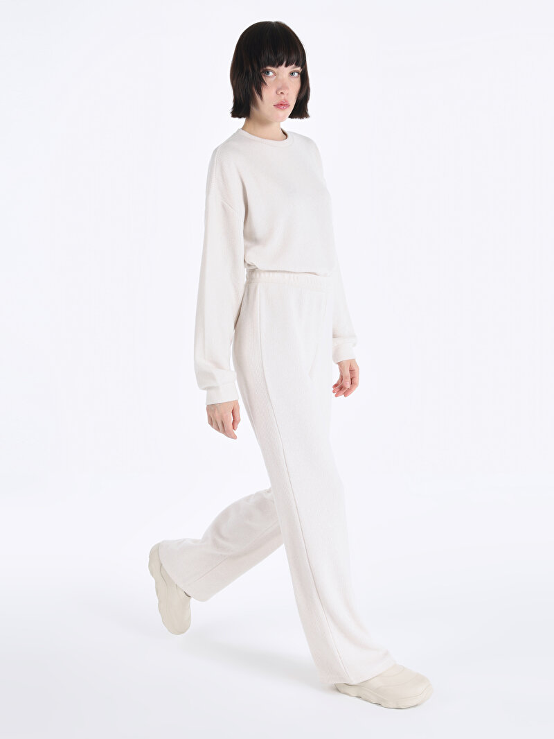 Regular Fit Orta Bel Düz Cepsiz Kadın Ekru Eşofman Altı