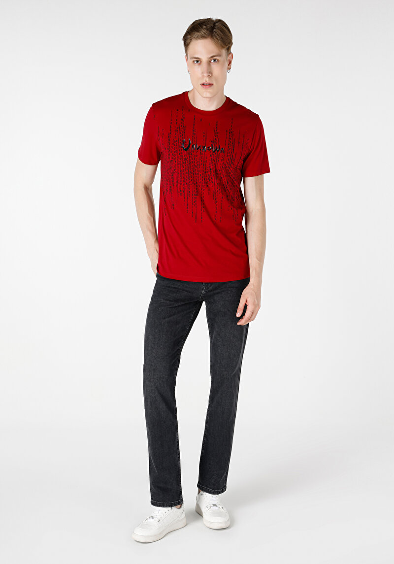 Regular Fit Yuvarlak Yaka Örme Erkek Kirmizi Kısa Kol Tişört