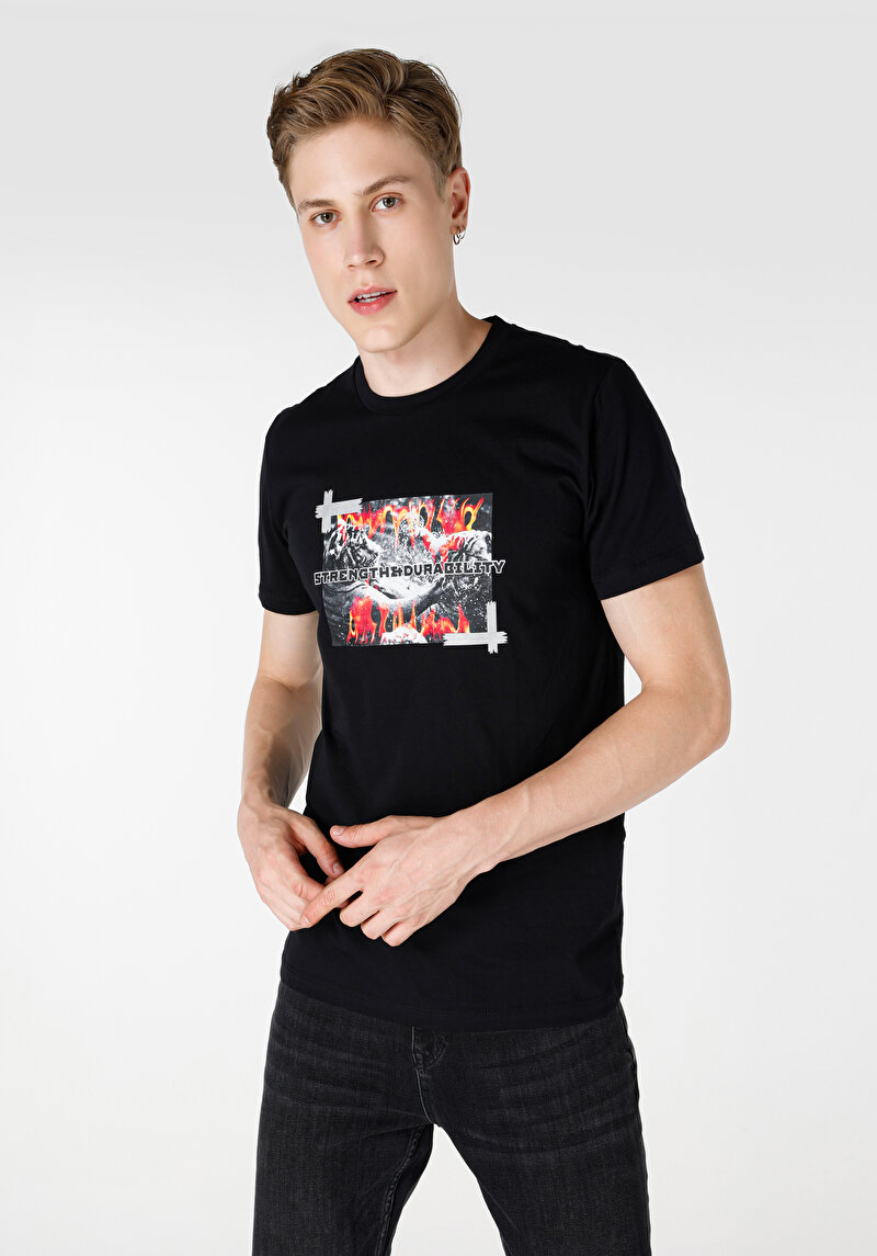 Regular Fit Yuvarlak Yaka Pamuklu Erkek Siyah Kısa Kol Tişört