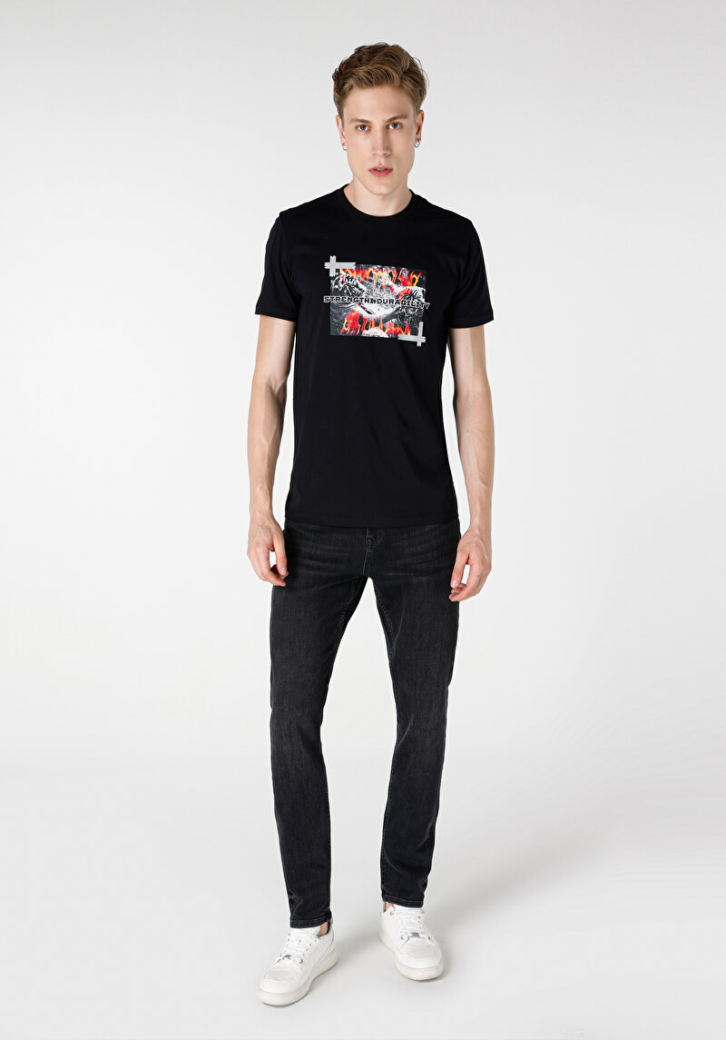 Regular Fit Yuvarlak Yaka Pamuklu Erkek Siyah Kısa Kol Tişört