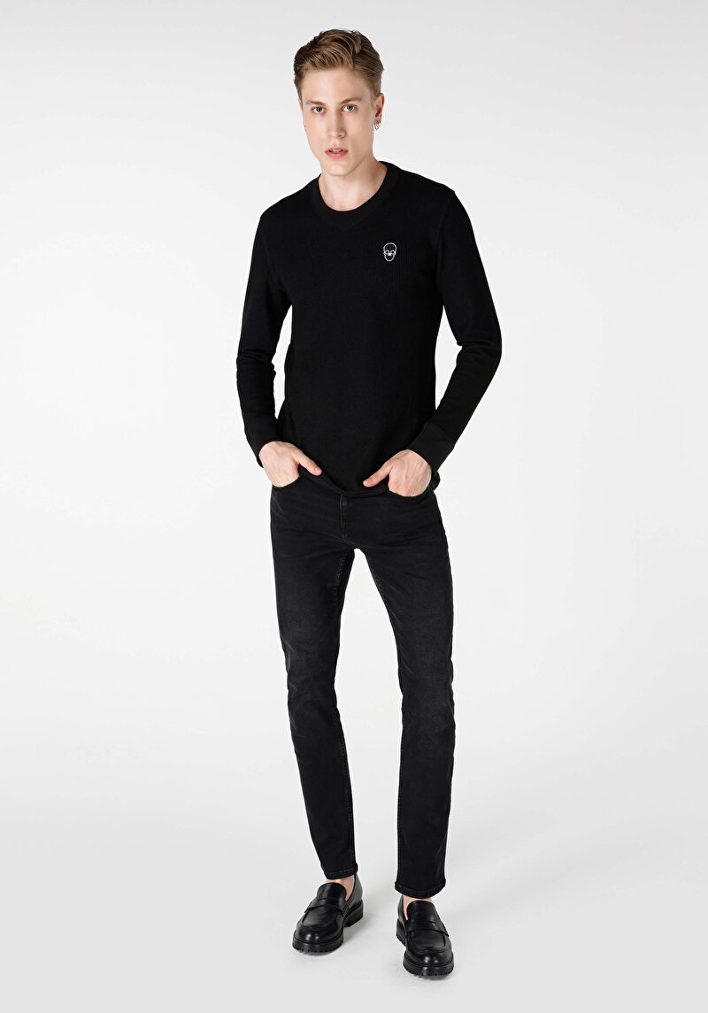 Regular Fit Yuvarlak Yaka Düz Erkek Siyah Uzun Kol Örme Tişört
