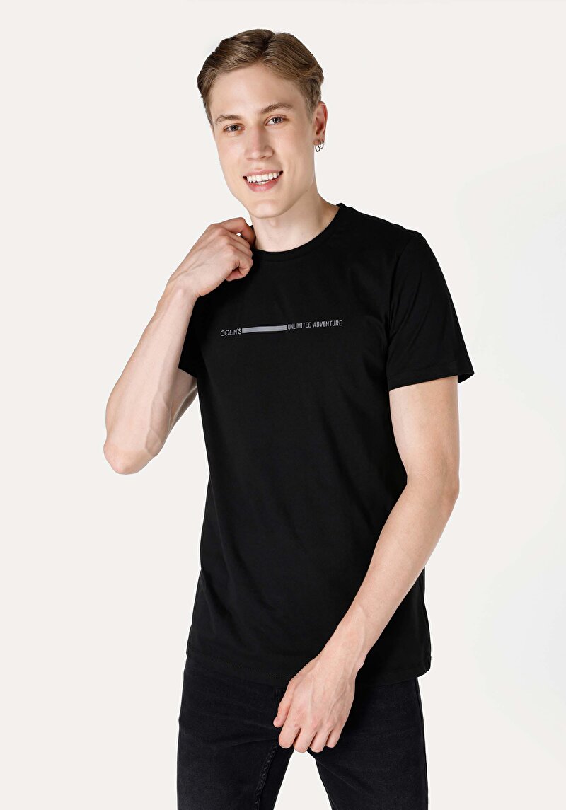 Regular Fit Yuvarlak Yaka  Erkek Siyah Kısa Kol Tişört