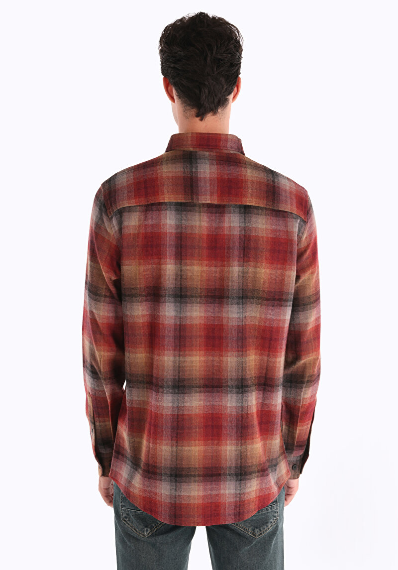 Regular Fit Shirt Neck Ekoseli Erkek Kahverengi Uzun Kol Gömlek