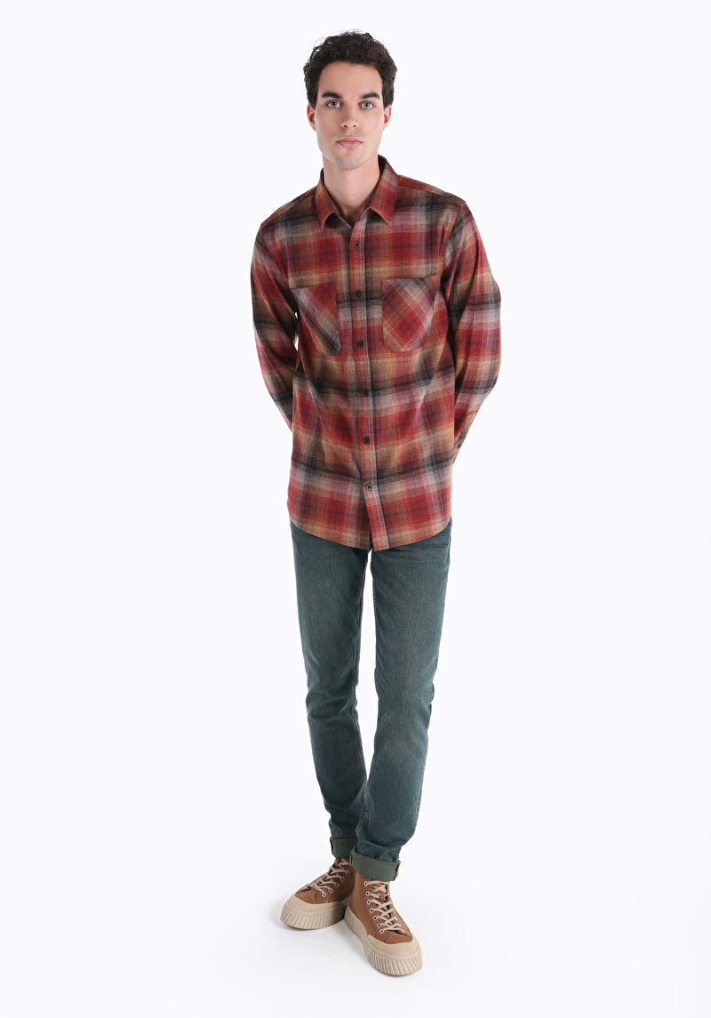 Regular Fit Shirt Neck Ekoseli Erkek Kahverengi Uzun Kol Gömlek