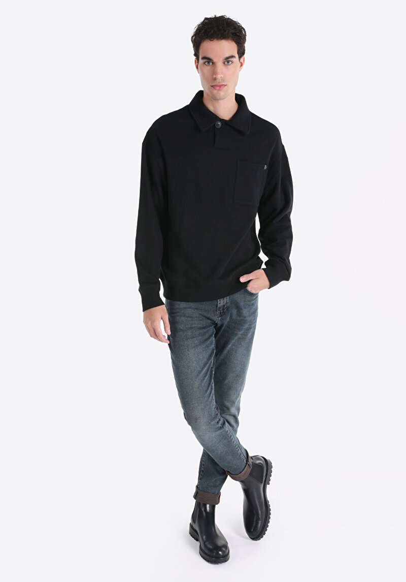 Comfort Fit Polo Yaka Düz Erkek Siyah Uzun Kol Tişört