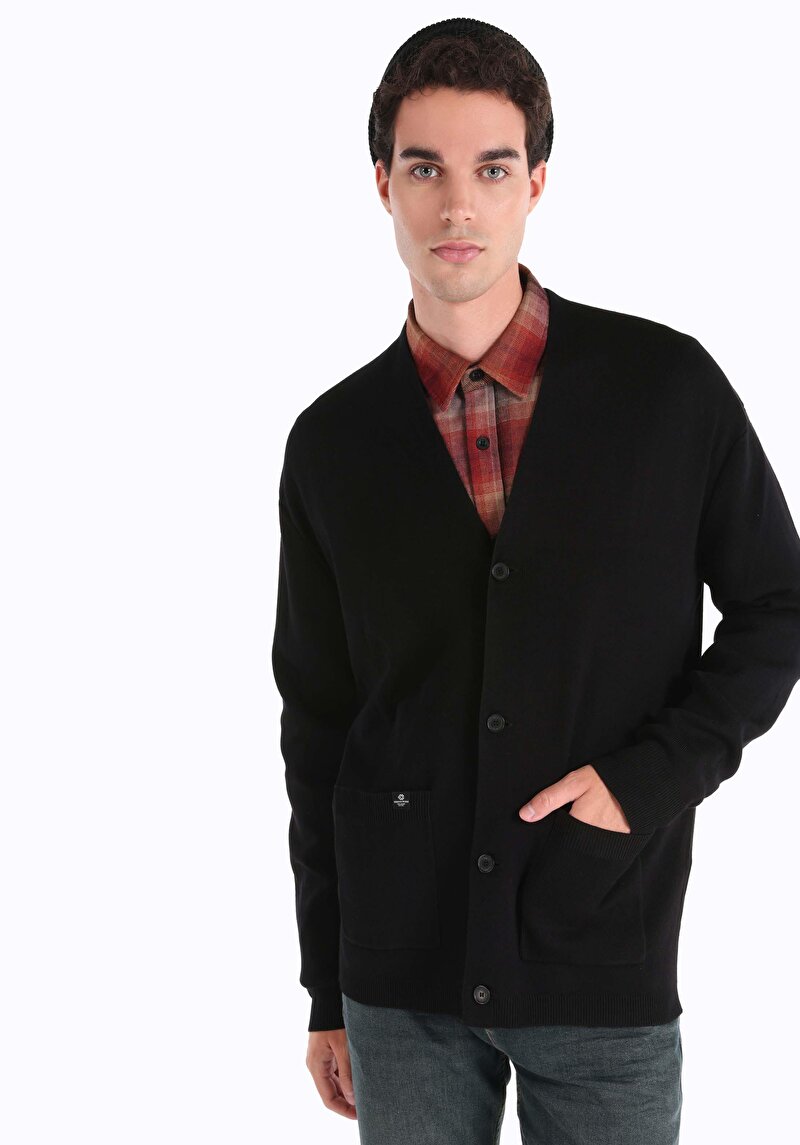 Comfort Fit Erkek Düğmeli Siyah Hırka