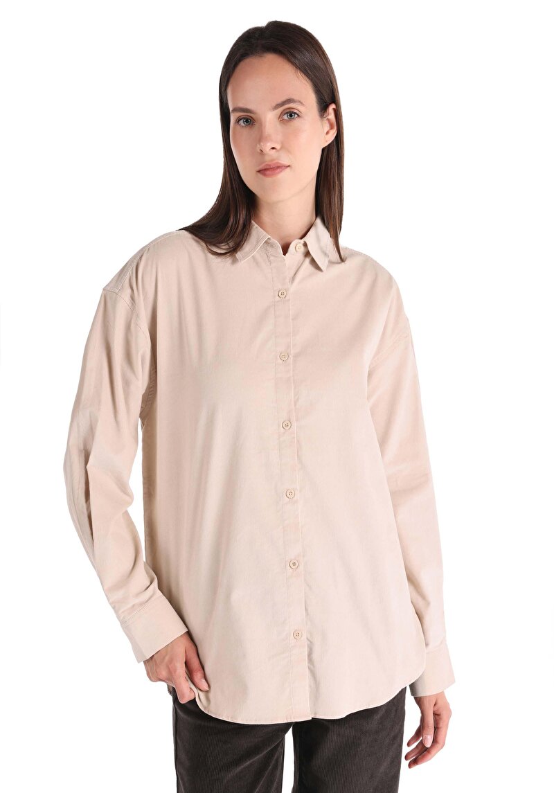 Regular Fit Shirt Neck Düz Kadın Bej Uzun Kol Gömlek