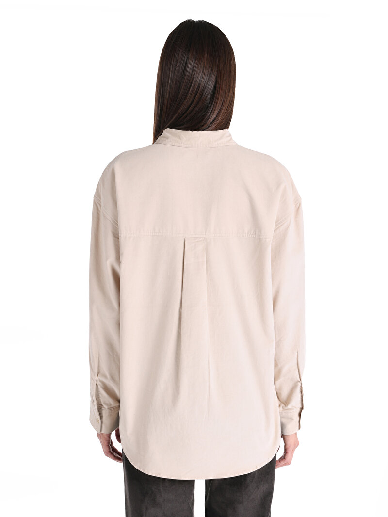 Regular Fit Shirt Neck Düz Kadın Bej Uzun Kol Gömlek
