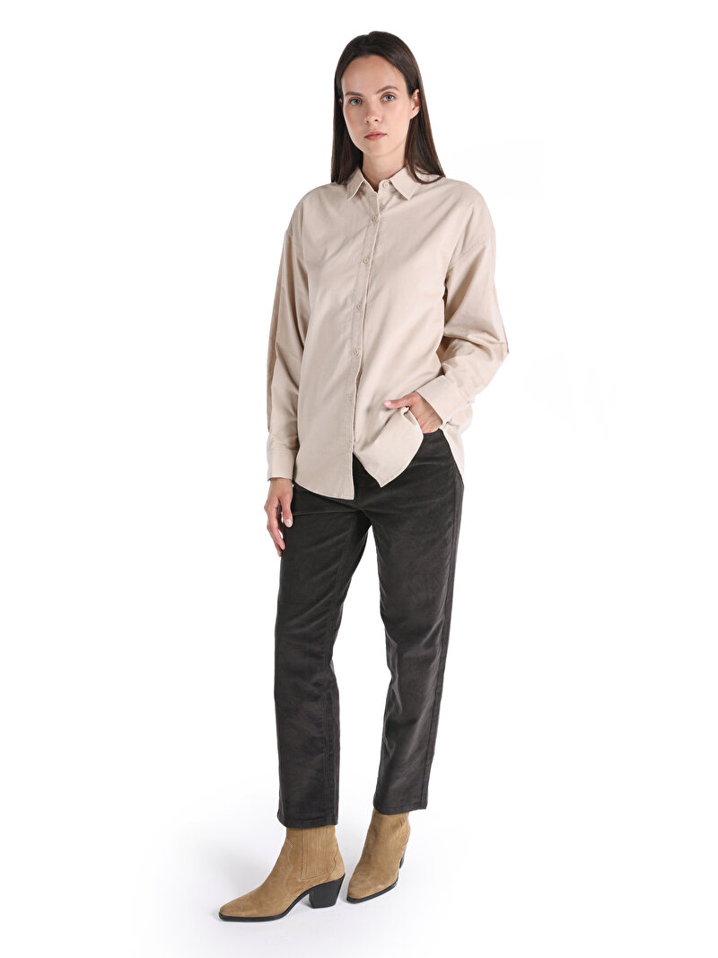 Regular Fit Shirt Neck Düz Kadın Bej Uzun Kol Gömlek