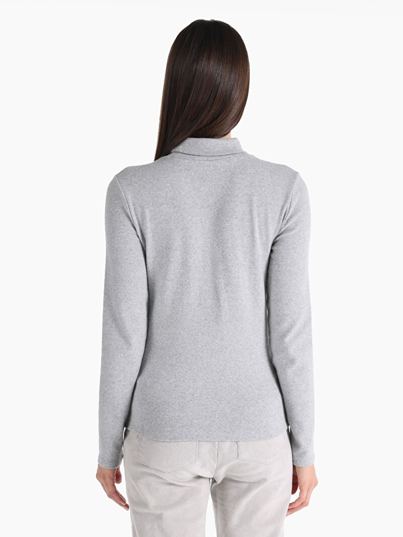 Slim Fit Balıkçı Yaka Düz Kadın Gri Uzun Kol Tişört
