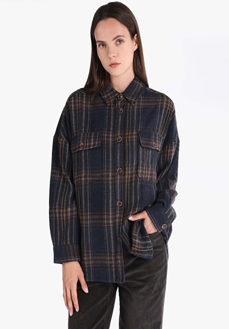 Relaxed Fit Shirt Neck Ekoseli Kadın Lacivert Uzun Kol Gömlek